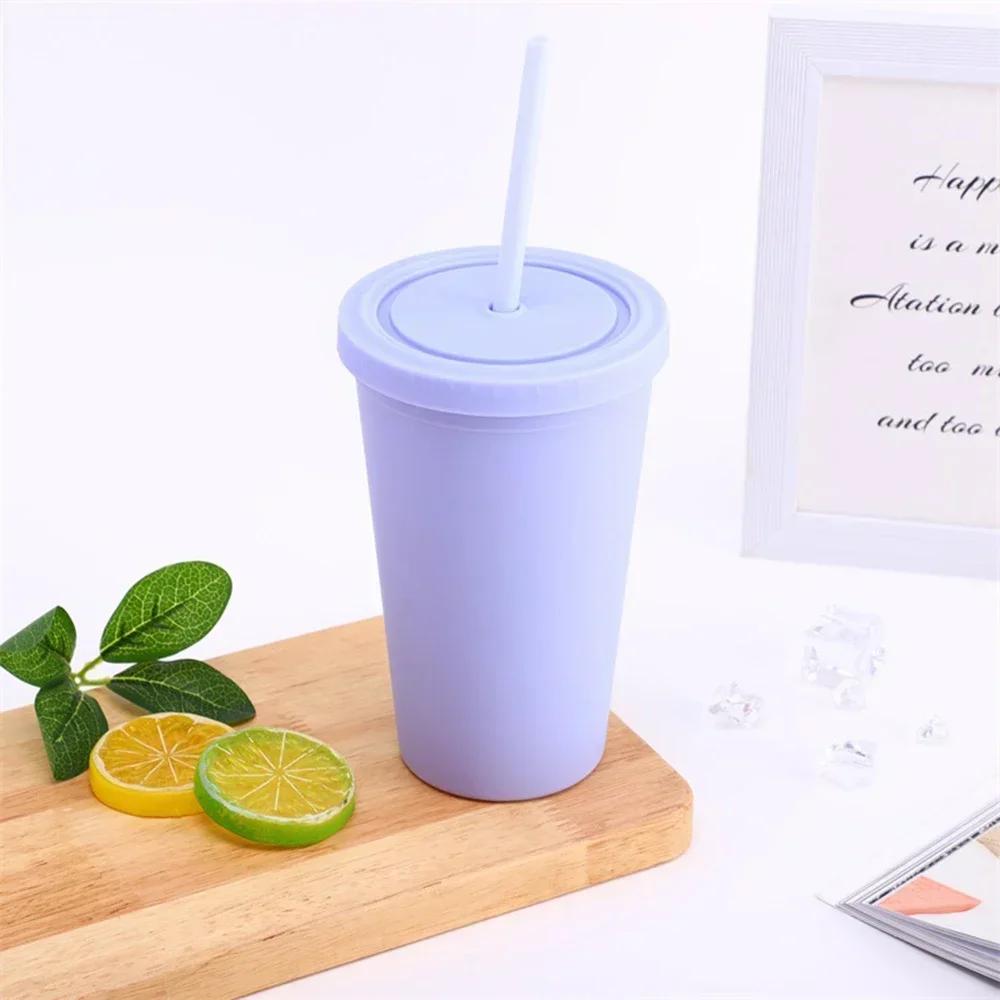 Candy Color Double-layer Plastic Straw Cup Coffee Cup Plastic Frosted Handy Water Cup Easy To Carry Straw Kettle Sports Bottle