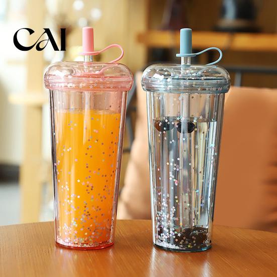 Sealed Lid Tumbler for Women Transparent Straw Cup, with Sequins Decor And Leak Proof Cute Milk Tea Cup Girls Lid, Reusable Plastic Sippy Students