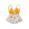 Newborn Casual Style Romper, Baby Girl Sleeveless Sun Print V-neck Playsuit with Decorative Flower