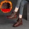 Johnature Flat Bottom Plush Warm Cotton Boots Solid Color Retro Genuine Leather Women's Short Boots