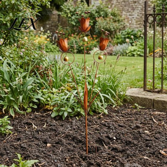 Weather Resistant Metal Art Flame Copper Lily Tulip Garden Stake with Wind Chime Bells, Rustic Weatherproof Outdoor Chimes Yard Decor for Lawn