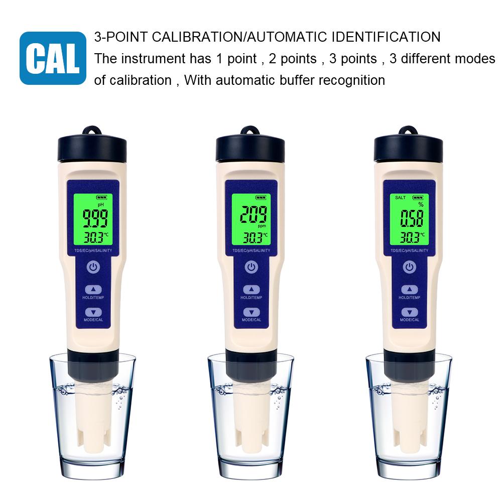 Temperature Hydrogen-rich Meter Purity Measure Tool 5 In 1 PH/TDS/EC/SALT/TEMP Water Quality Detector