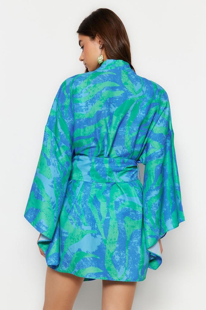 Women's Fashion New Kimono&Kaftan Floral Pattern Belted Mini Woven KimonoKaftan