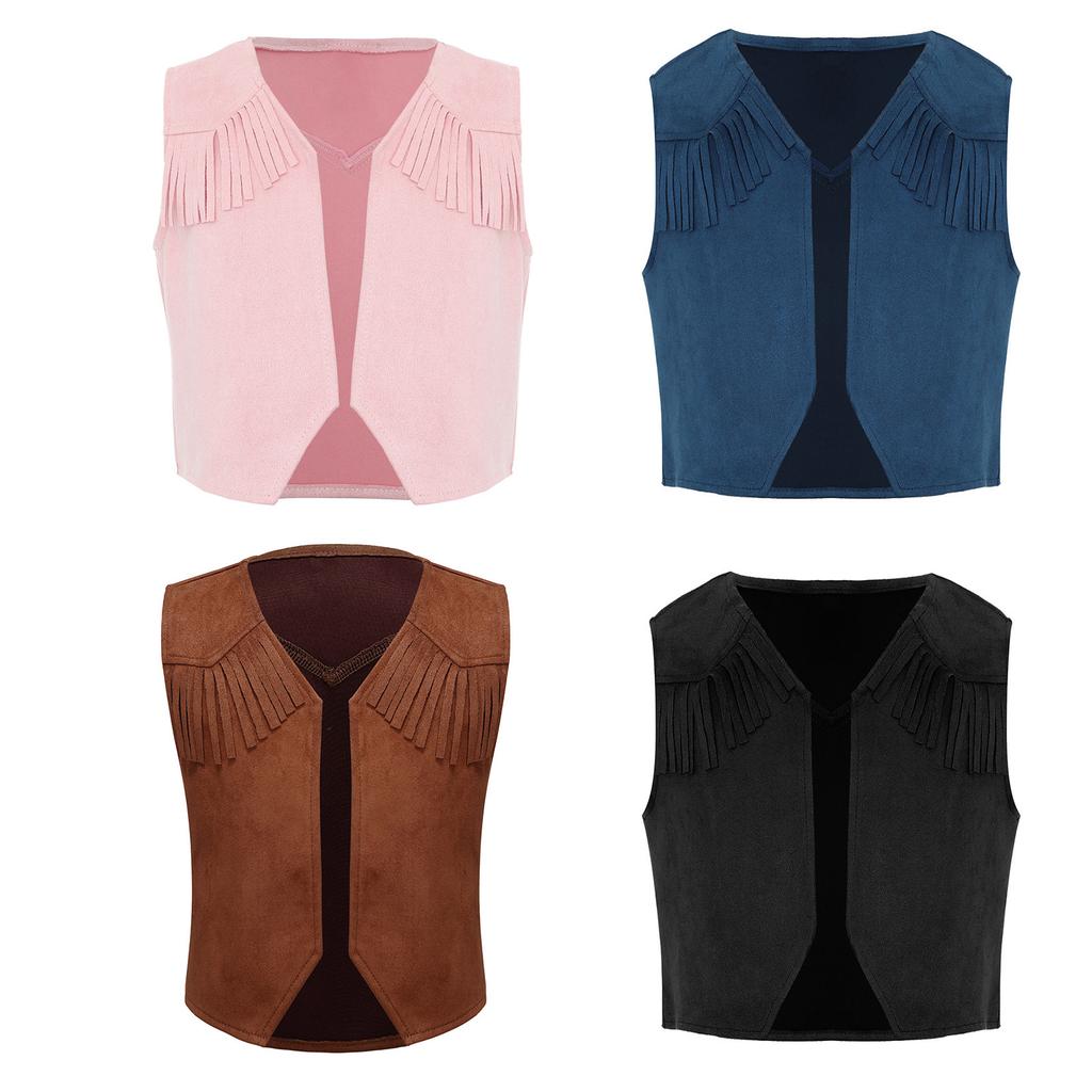 Boys Western Cowboy Vest Pointed Hem Fringe Decor Open Front Design Cosplay Halloween Costume