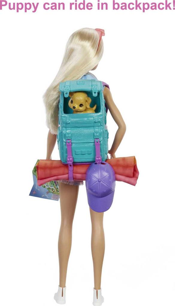 Barbie It Takes Two Camping Doll In with Pet Sleeping Bag 10 Camping Gift for 3 To 7 Year Olds “Malibu” (11.5 Blonde) Puppy, Backpack, & Accessories,