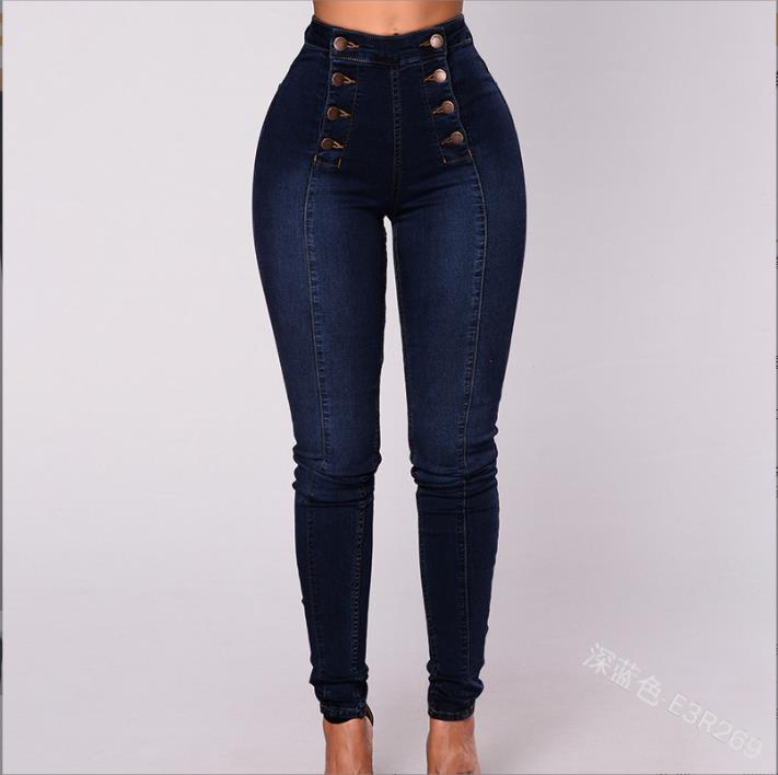 Ladies Skinny Slim Fashion Double Breasted Stretch High Waist Jeans Long Pencil Denim Pants
