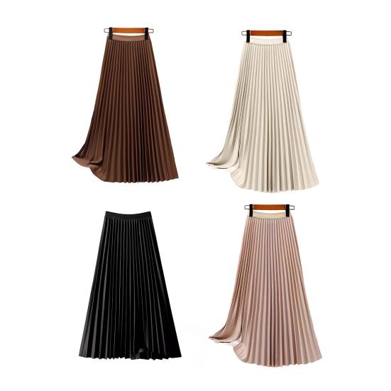 Women Pleated Skirt Elastic High Waist Solid Color Midi Skirt Soft Breathable Office Lady Slimming Skirt Daily Wear