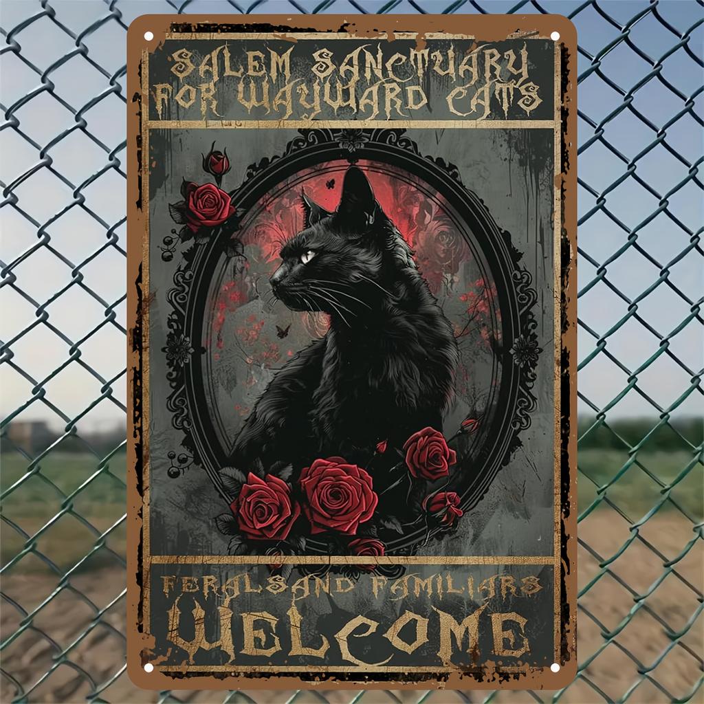 Приют Салем для заблудших кошек Винтажная металлическая вывеска, Железный настенный декор, Предварительно просверленная жестяная табличка с готическим