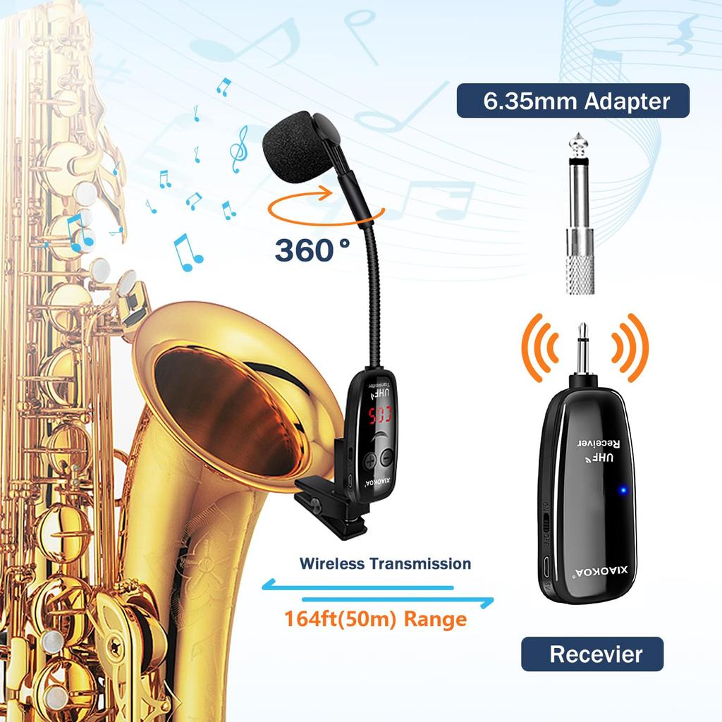 Instrument microphone for and other brass Rechargeable and N90 Ideal for live performances and saxophone, larinet, trumpet, instruments. compact.