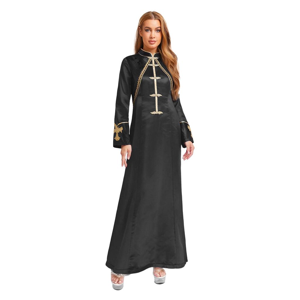 Womens Clergy Long Robe Dress Gold Cross Embroidery Lace Button Decor Stand Collar Long Sleeve Cassock