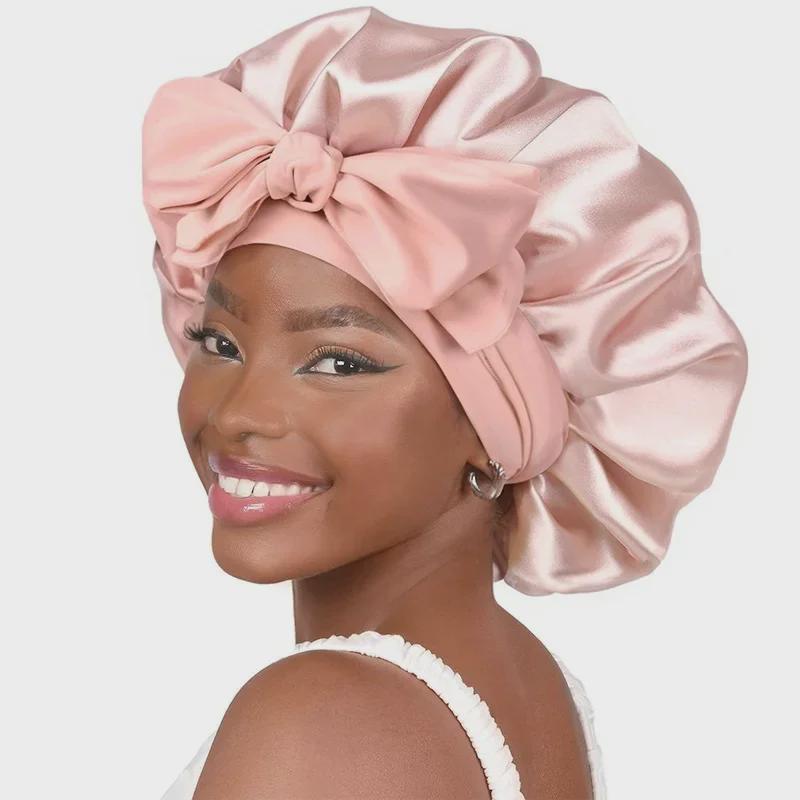 High Elastic Satin Nightcap with Wide Brim & Bow for Salon Hair Care
