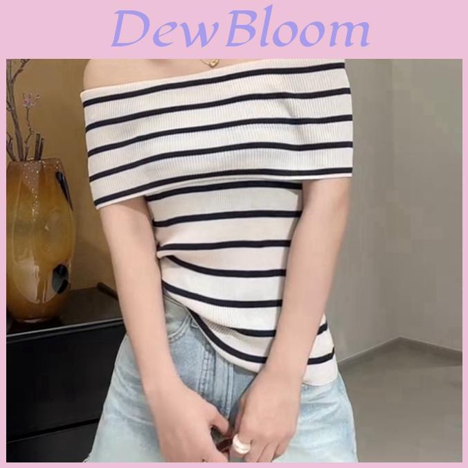 Striped Off Shoulder Sweater For Women With Slim Fit Short Sleeve Knit Top