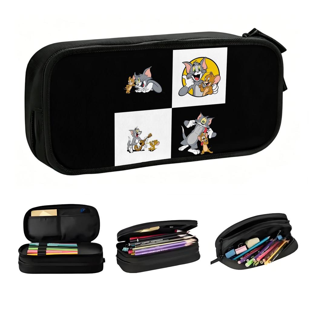 Checkered Plaid Cartoon Tom And Jerry Cute Pencil Cases Girls Boys Large Storage Anime Pencil Bag Pouch Students Stationery