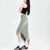 Irregular Tassel Denim Skirt for Women In Summer Design, Small American Retro Hong Kong Style A-line Midi Skirt