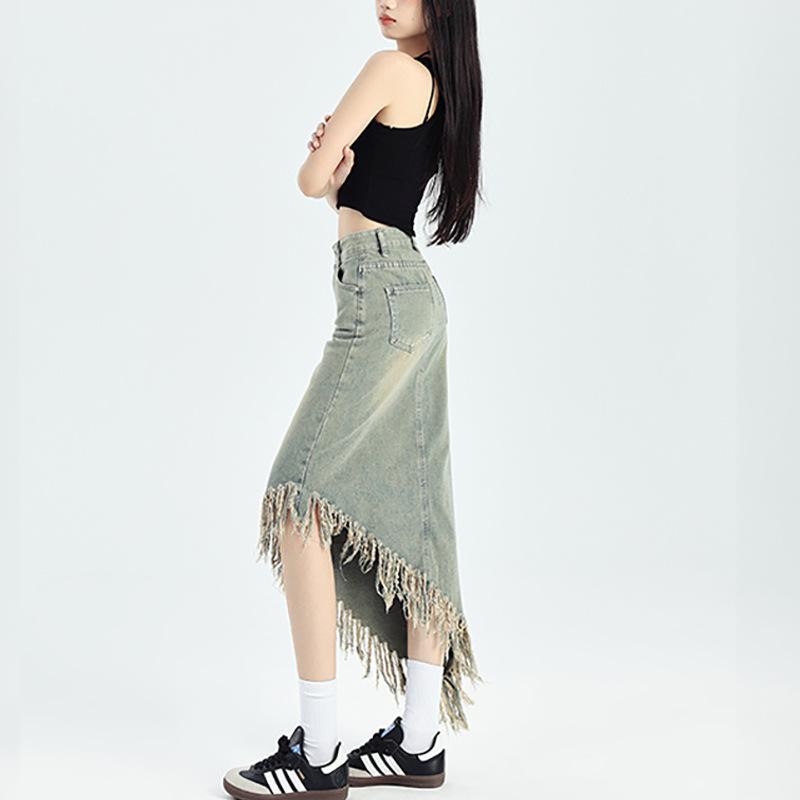 Irregular Tassel Denim Skirt for Women In Summer Design, Small American Retro Hong Kong Style A-line Midi Skirt