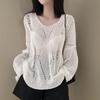Fashion Thin Long Sleeved Knitted V-neck Women Shirt Loose Solid Color Hollow Out Blouse Casual Simple Covers Up Office Top Women Clothing