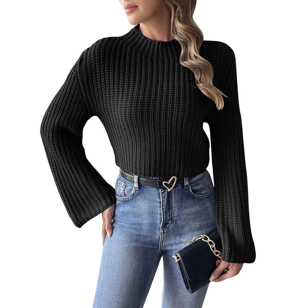 Women's Autumn And Winter Short Knitted Sweater With Flared Sleeves And A Half High Collar Pullover Sweater