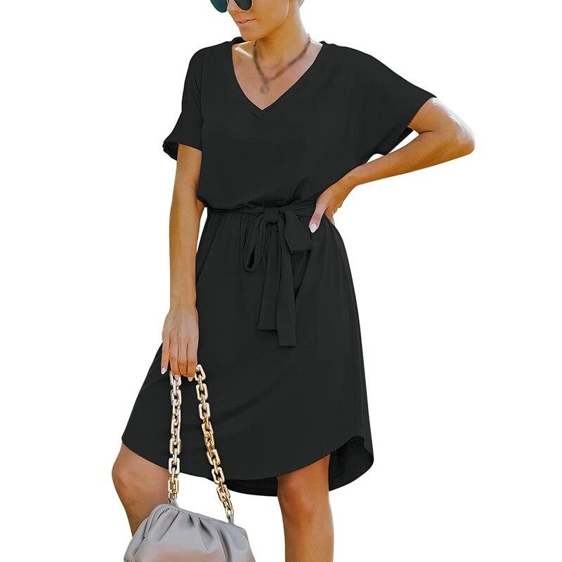 Женское мини-платье с высокой талией и коротким рукавом, базовое струящееся платье, свободное платье с v-образным вырезом, однотонное вечернее платье с поясом