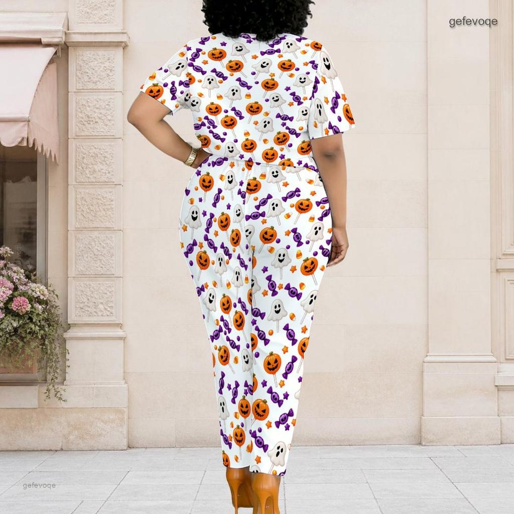 Women Plus Size White Halloween Print Short Sleeve Top And Pocket Pants Two Piece Set