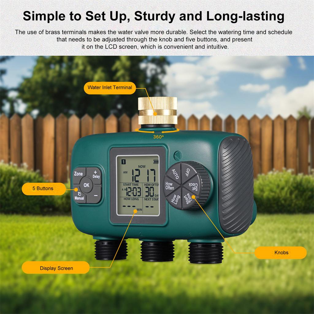 Таймер полива ЖК-дисплей Латунный клапан Таймер для полива 3 выхода Таймер для полива сада