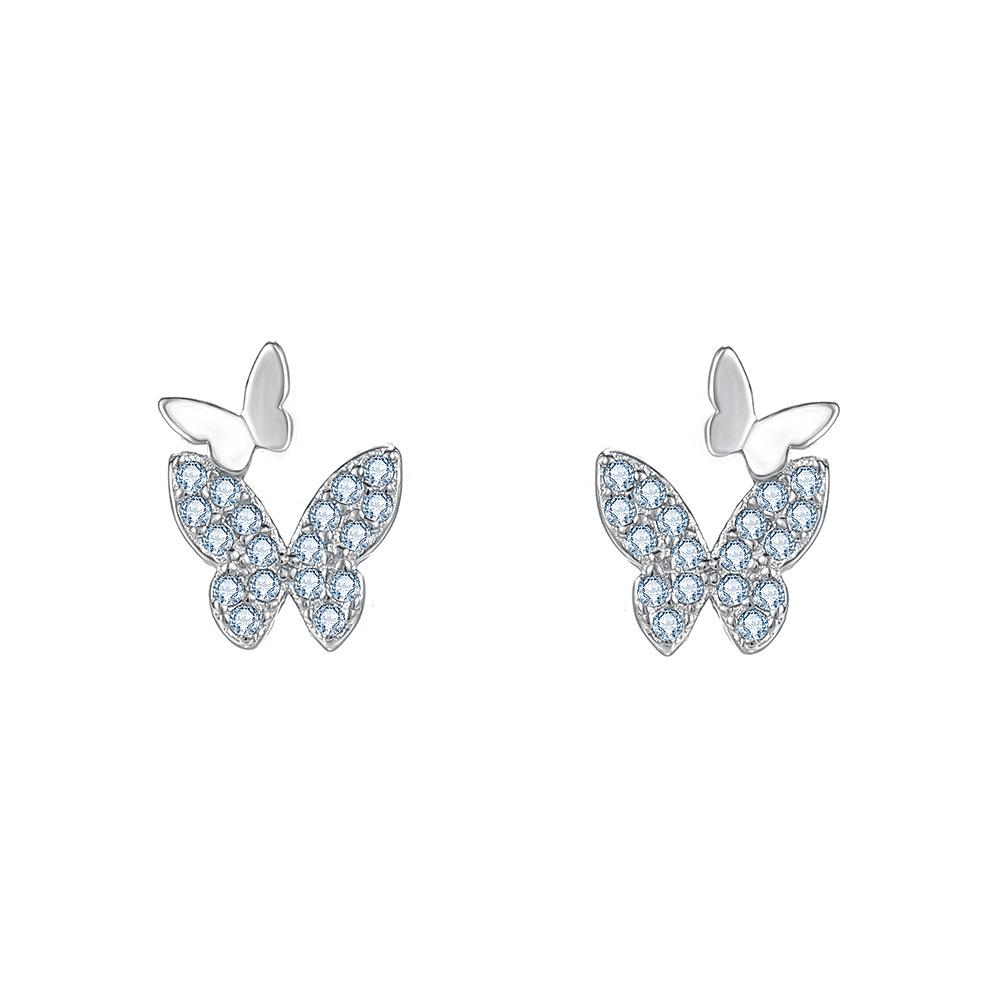 S925 Sterling Silver Blue Zircon Double Butterfly Stud Earrings, Dainty Fresh Fashion Jewelry for Wome