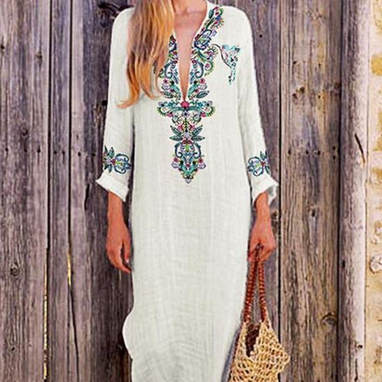Женское осенне-весеннее платье с V-образным вырезом, нерегулярным подолом, цветочным принтом и длинными рукавами, свободное с разрезом по бокам, повседневное пляжное платье макси в этническом стиле