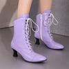 Plus Size Wine Cup Heel Lace Up Stitch Small Hole Women's Short Boots Side Zipper Short Plush Lining Fashion Ankle Boots