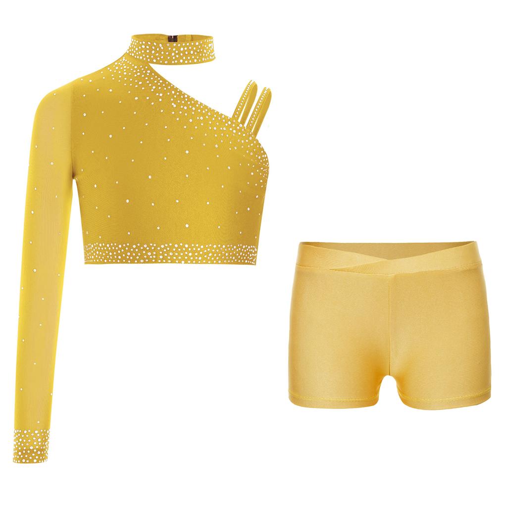 Топ для танцевальных выступлений для девочек, блестящий стразами, кроп-топ на одно плечо с асимметричным вырезом, V-образным вырезом спереди и поясом, шорты
