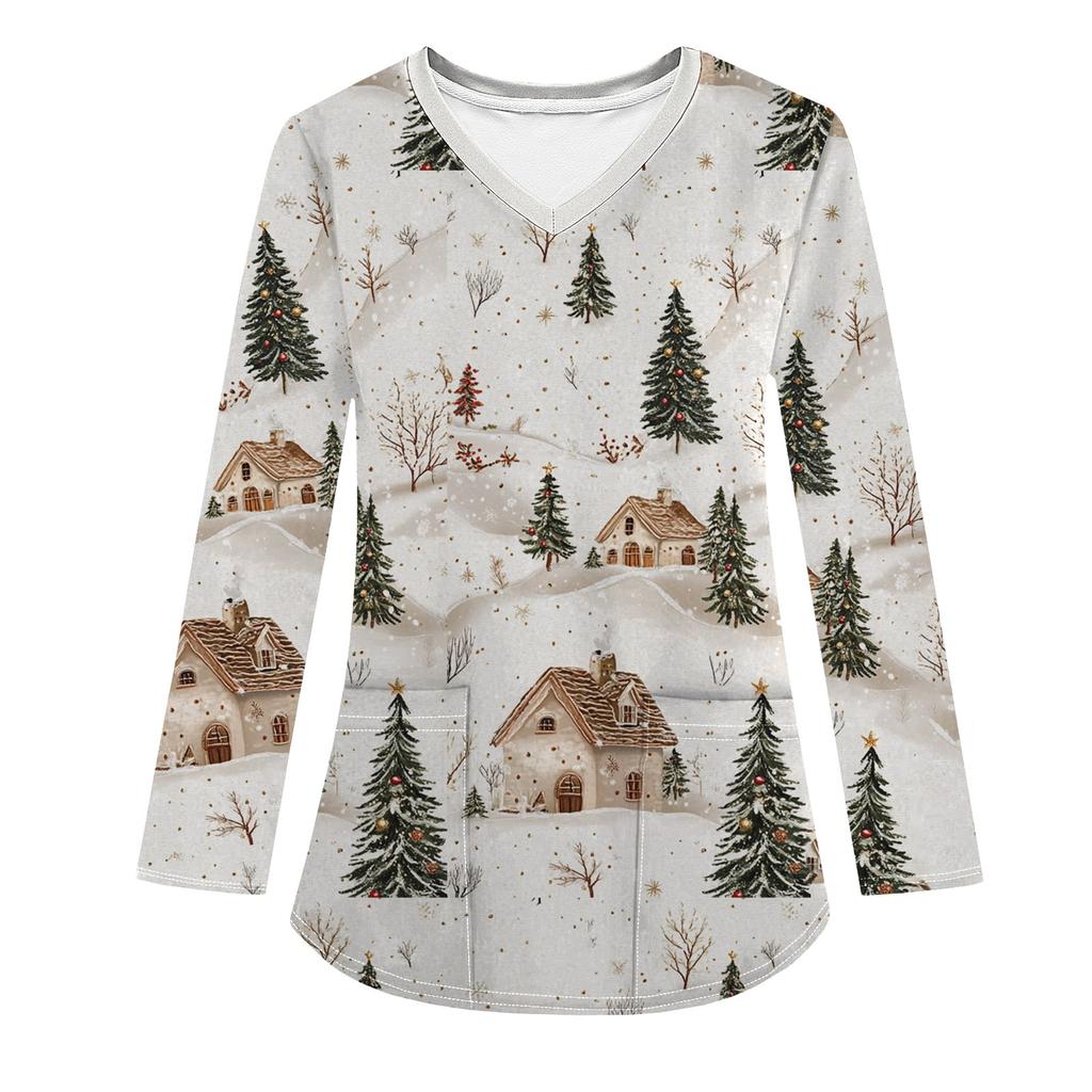 Женская модная рабочая одежда с V-образным вырезом, длинным рукавом и карманом, рождественский принт, футболка, топ