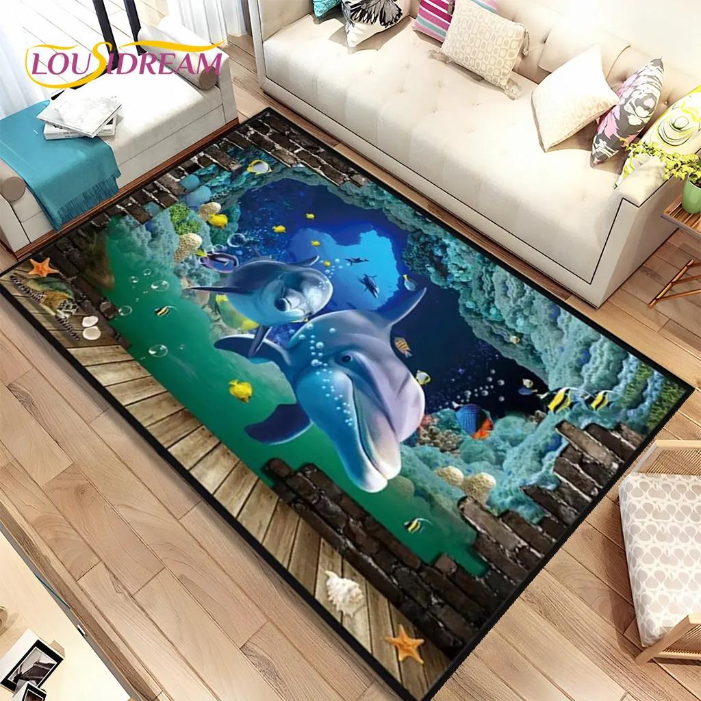 3D иллюзия морского дна, подводный мир, коврик с дельфином и акулой, коврик для гостиной, спальни, дивана, коврик, нескользящий напольный коврик