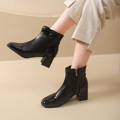 Осенние ботильоны Зимние Новые Квадратный носок Панельные Патентная кожа Боковая молния Металлическая пряжка Нескользящий Блочный каблук