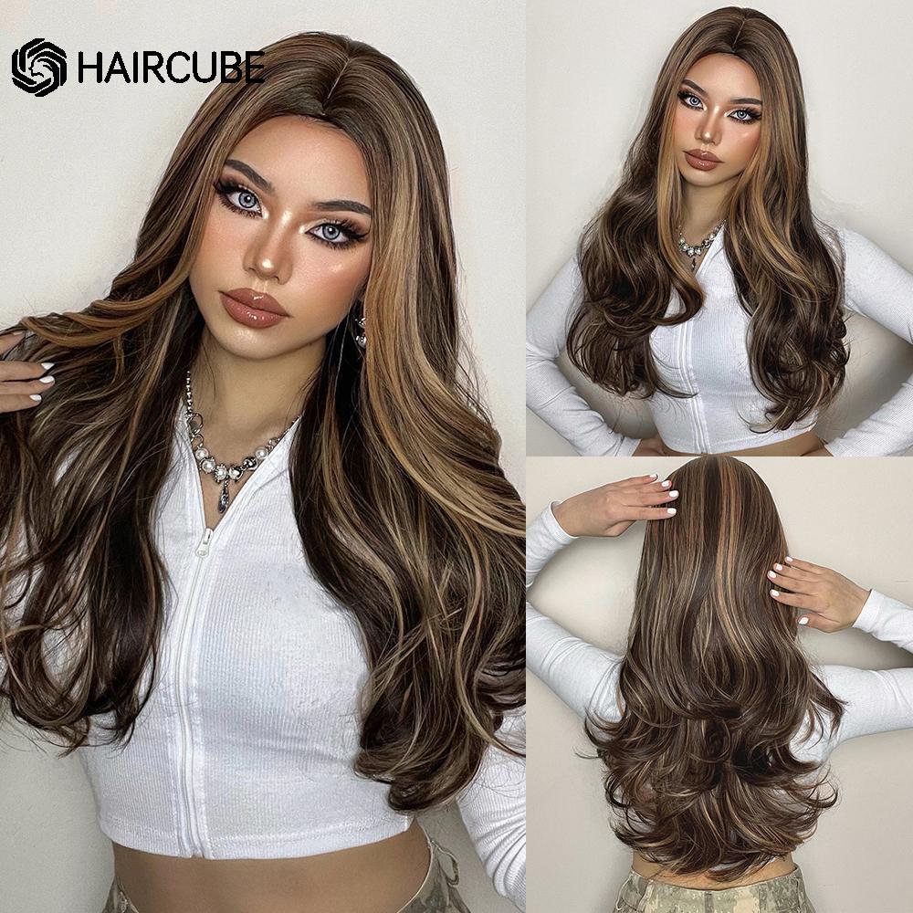 HAIRCUBE Белый Платиновый Смешанный Коричневый Синтетические Парики Длинные Волнистые Парики Из Натуральных Волос для Женщин Средняя Часть Ежедневные Термостойкие Парики