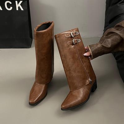 Модные женские сапоги, модные осенне-зимние новые остроносые 2024 года, высококачественные трендовые толстые дизайнерские мотоциклетные женские сапоги до середины икры