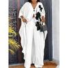 Women's Set Three-quarter Sleeve V-neck Button Printed Robe Drawstring Trousers