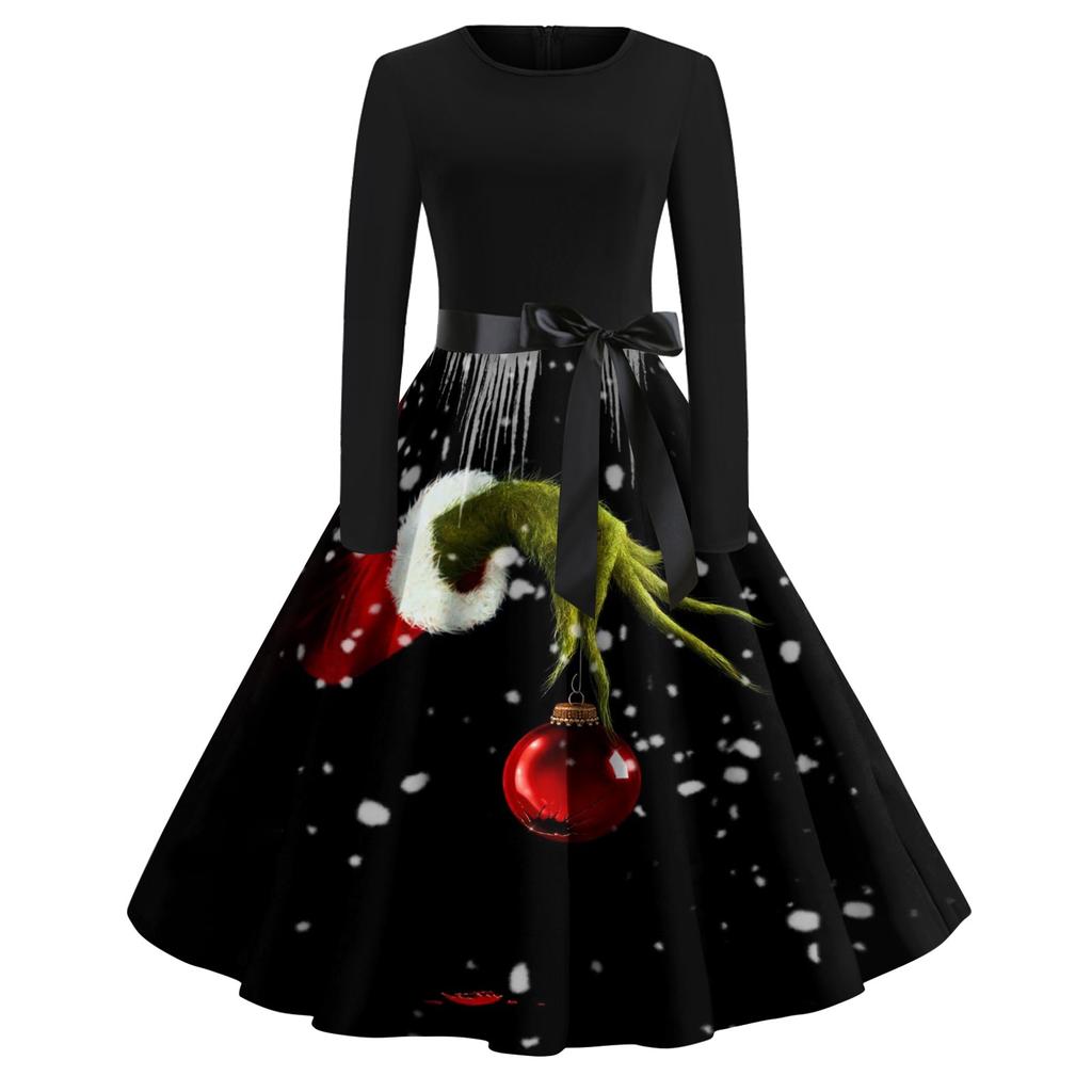Женское модное повседневное платье с круглым вырезом и рождественским принтом и длинными рукавами