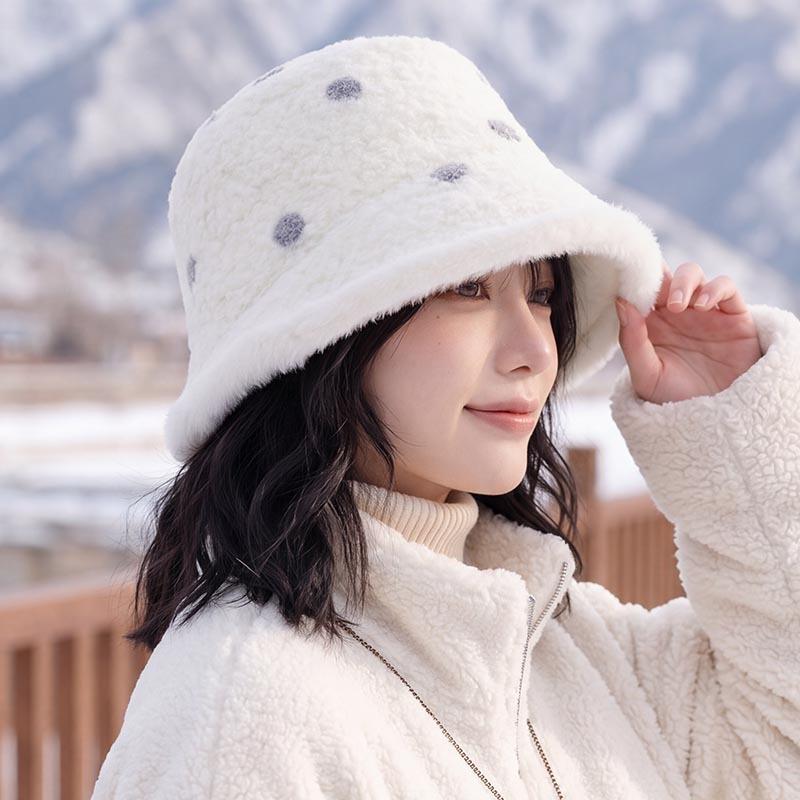 Polka dot plush bucket hat women's winter thickened and velvet warm basin hat cute lamb wool snow face small ear hat