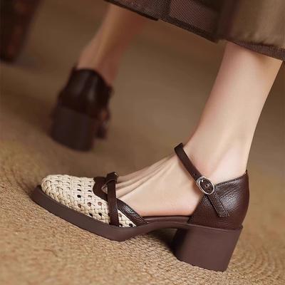 Модные ретро супермягкие плетеные полые босоножки с закрытым носком на высоком каблуке 2025 лето новые босоножки на толстом каблуке женские