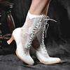 Vintage Women's Ankle Boots Victorian Pointed Toe Mid-Calf Boots for Women Elegant Pu Lace Up Boot Spliced Ladies High Heel Shoe