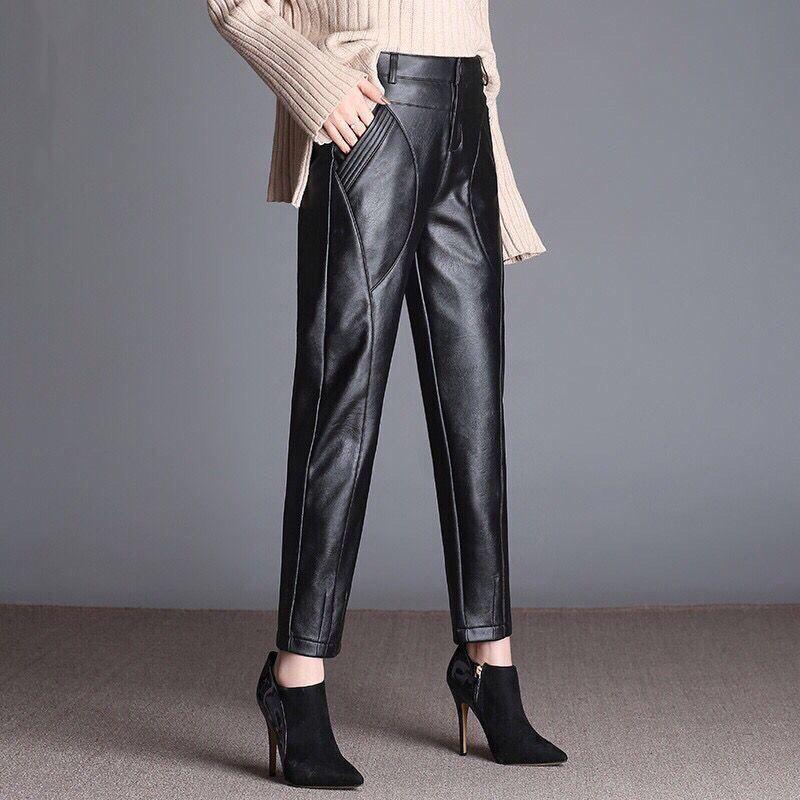 Утолщенные черные кожаные брюки женские свободные брюки-харлан с высокой талией осенне-зимние плюшевые брюки леггинсы повседневные брюки из искусственной кожи