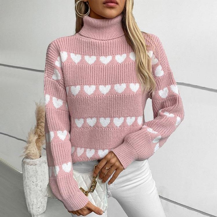 Vintage Heart Print Loose Knitwear Cardigan Stand Collar Sweater Long Sleeve Top for Autumn Winter