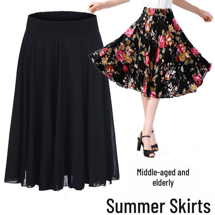 Women's Summer Floral Ice Silk Pleated Skirt - Mid-Length with Elastic Waist