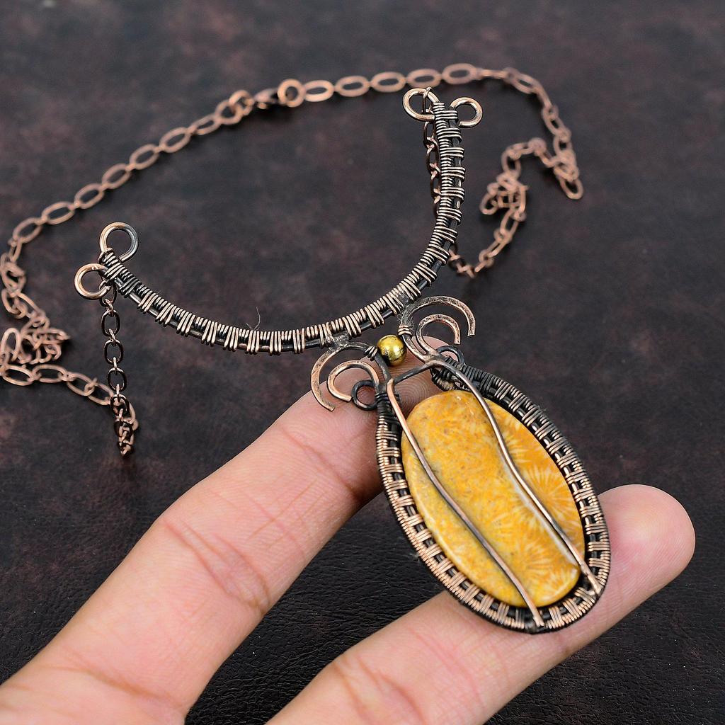 Ожерелье из ископаемого коралла и драгоценного камня, медная проволока, регулируемое ожерелье, медные украшения, ожерелье ручной работы, уникальные ювелирные изделия, подарок для особого случая