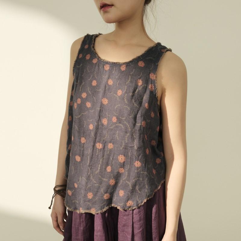 Johnature Женская винтажная майка с нерегулярным принтом и цветочным принтом, с круглым вырезом, без рукавов, двойная хлопковая мягкая одежда, летняя женская майка на бретелях