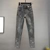 Women Rhinestone Skinny Jeans Autumn Casual High Waist Thin Nine Pants