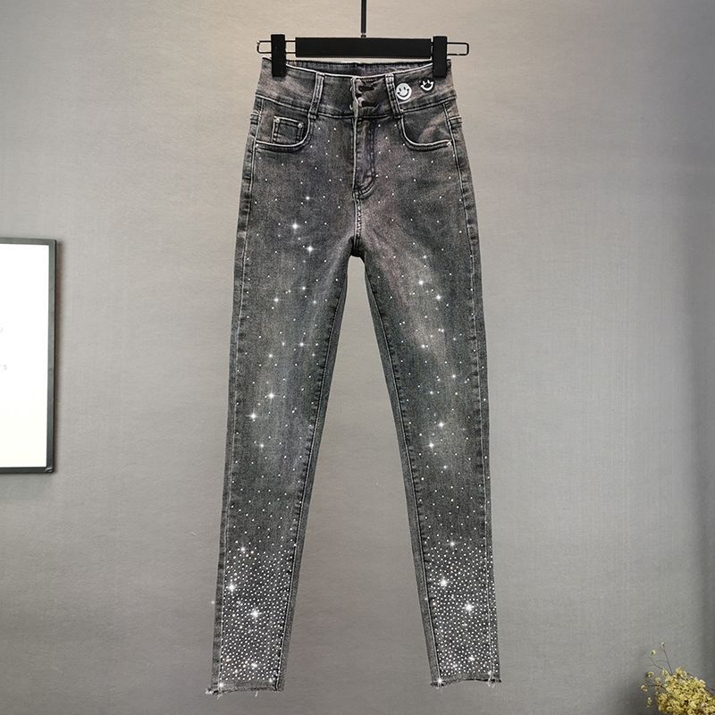Women Rhinestone Skinny Jeans Autumn Casual High Waist Thin Nine Pants
