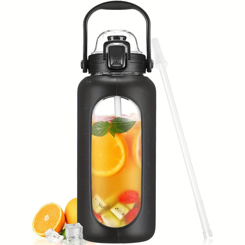 64oz Glass Water Bottles With Straw And Lid Half Gallon Water Bottle With Time Marker Leakproof Glass Water Bottles With Silicone Sleeve