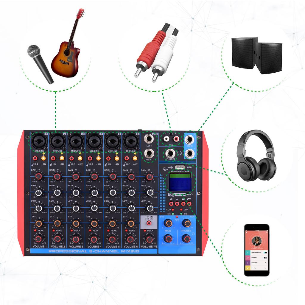 Портативный 8-канальный микшерный пульт AG-8, цифровой аудиомикшер + фантомное питание 48 В, поддержка BT/USB/MP3