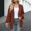 Women Knitting Cardigan Lantern Long Sleeve Open Front Mid-length Sweater Coat Solid Color Loose Fit Knitting Outerwear
