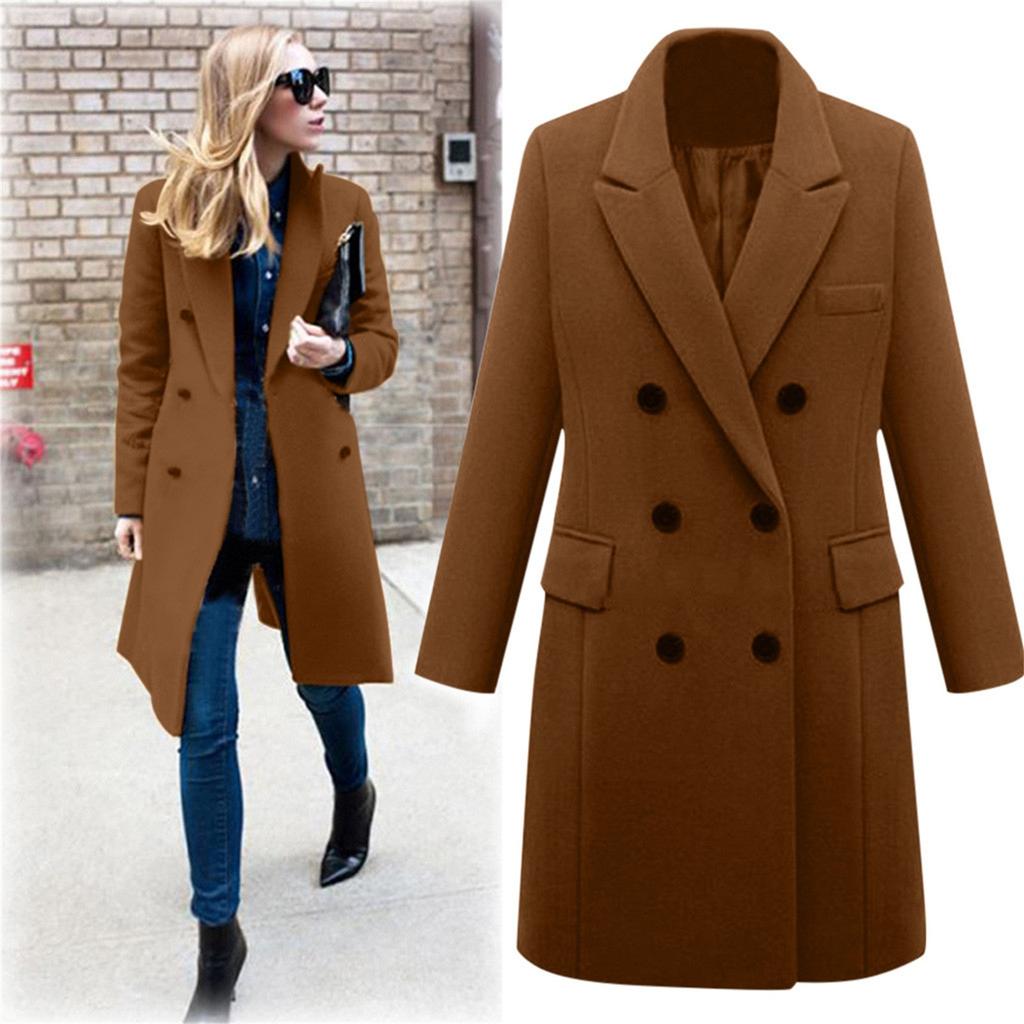 Женское пальто, осеннее классическое двубортное длинное пальто, теплое теплое ветрозащитное зимнее пальто, уличная повседневная одежда, стильная куртка свободного покроя для отпуска