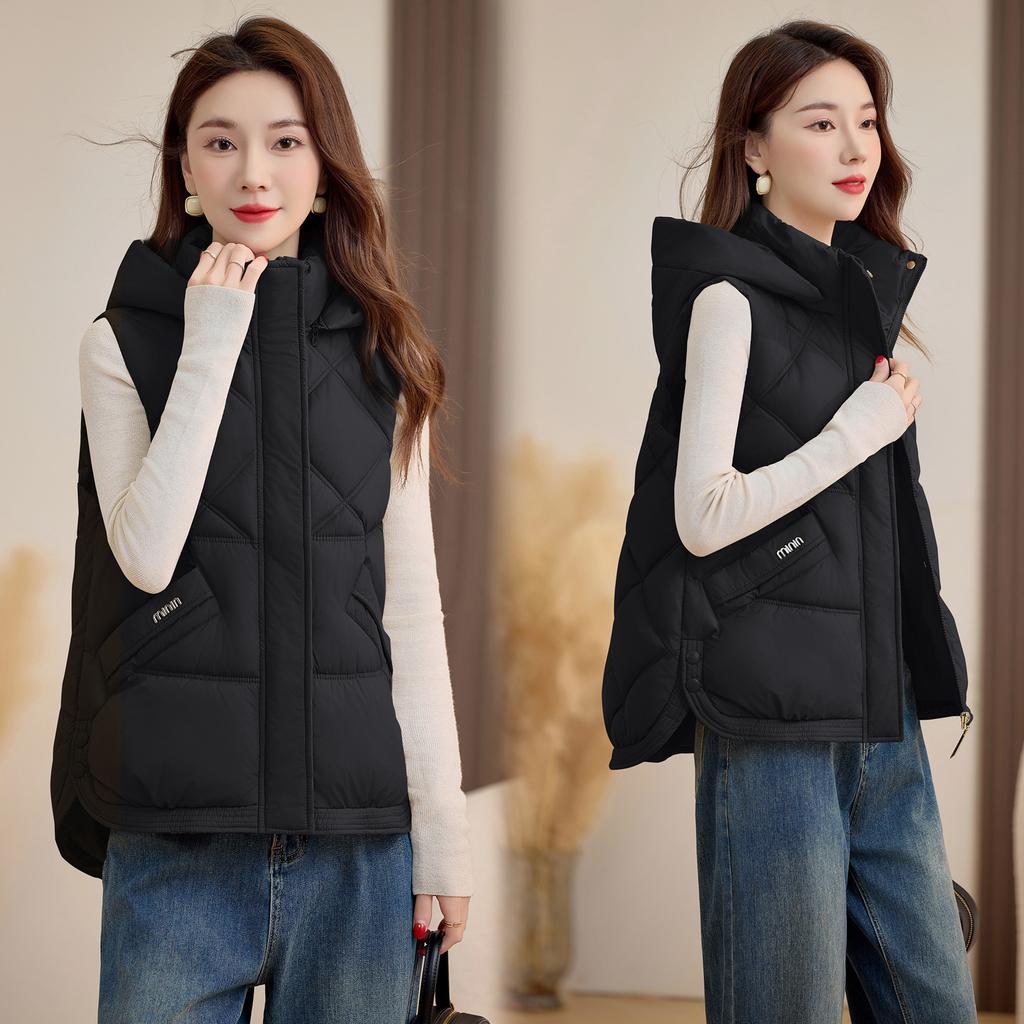 New Lingge Autumn and Winter Women's Lightweight Sleeveless Vest Hooded Solid Color Thickened Warm Sports Casual Loose Lightweight Jacket